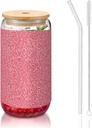 Cute 16oz Glass Cups with Bamboo Lids and Glass Straws, Pink Glitter Texture, Aesthetic Coffee Bar Accessories, Iced Coffee Glasses for Her, Tea