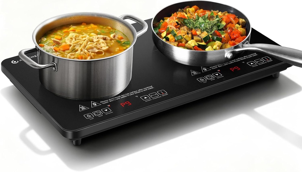 AMZCHEF Portable-Induction-Cooktop-2-Burner-ETL-Certified: 18 Power & 20 Temperature Levels Induction Burners 1800W, Independent Control,10-hour Timer, Safety Lock, Low Noise Electric Cooktops
