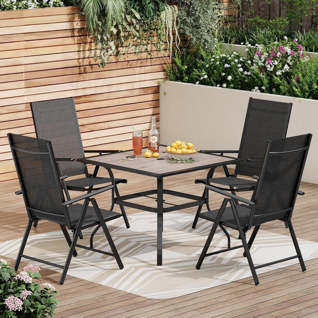 PHI VILLA Outdoor Patio Dining Set for 4, Patio Table and Chairs Set with Folding Patio Chairs & Square Wood Like Top Table for Garden, Deck and Lawn, Black