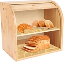 Double Layer Roll Top Bread Box for Kitchen Counter, 2-Tier Wooden Large Capacity Bread Storage Bin with Dismountable Layer And Arched Door, Food Storage Bread Container, Kitchen Decor Organizer