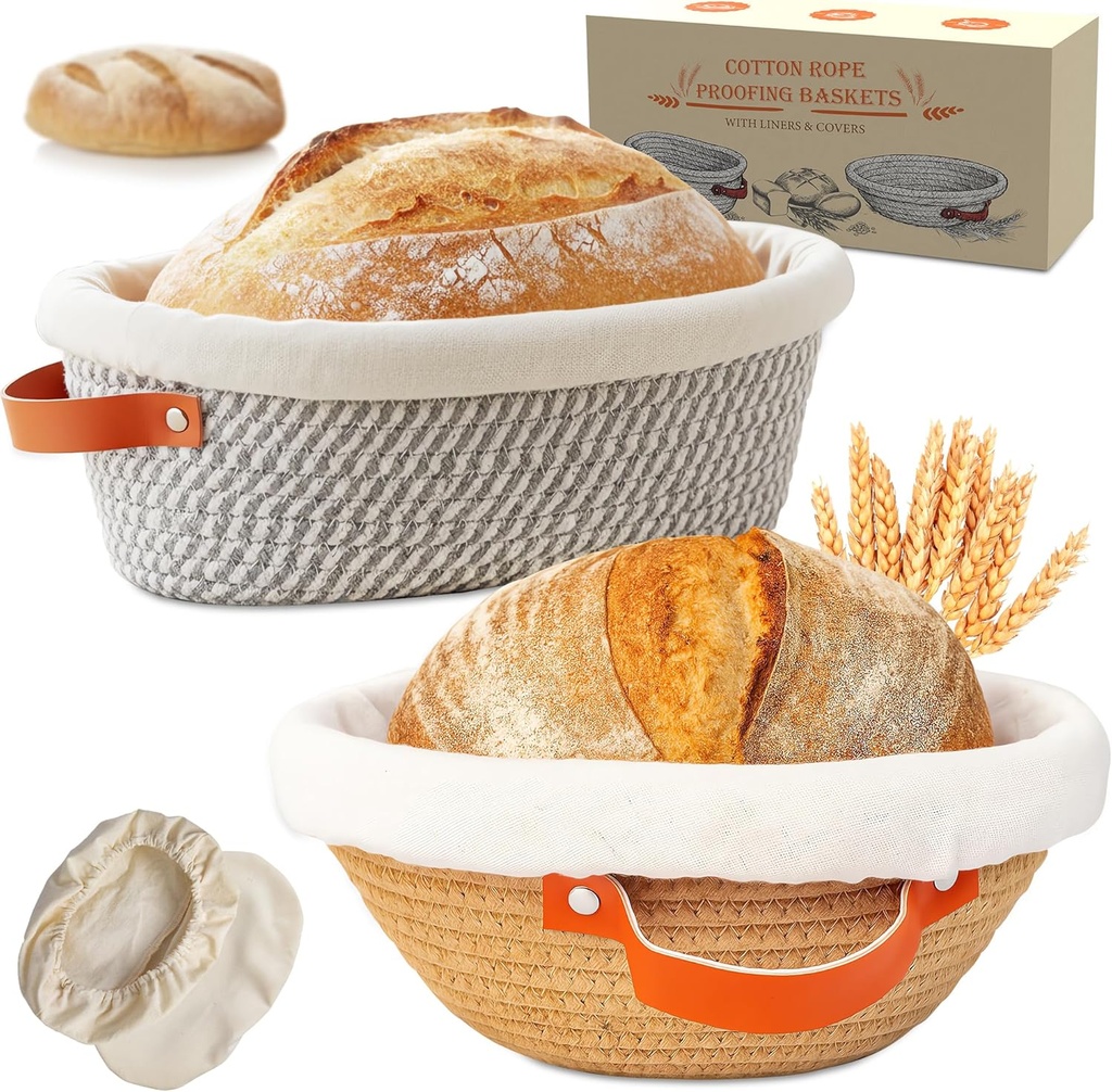 Banneton Bread Proofing Basket – 9" Round & 10" Oval Handmade Cotton Rope Sourdough Proofing Basket Bread Baking Supplies with Liner & Cover Perfect for Sourdough & Artisan Bread Set