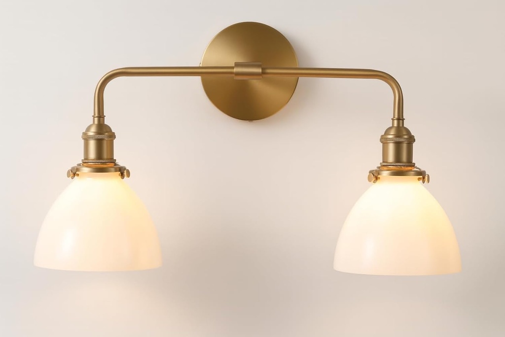 Hardwired Farmhouse Brushed Brass Vanity Light Mid Century Milk Glass 2 Light Bathroom Vanity Light Over Mirror Brushed Gold Bathroom Fixture (Bulb Included)