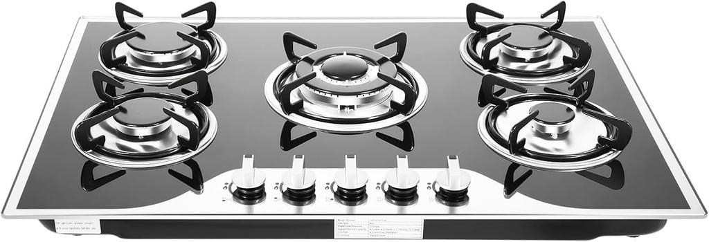 Built-in Gas Cooktop, 5 Burners Gas Stove with Tempered Glass Portable LPG Gas Stove Countertop, Dual Fuel Cooktops Gas Cooker for Kitchen, NG/LPG Convertible (30 Inch)