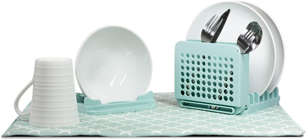 Grand Fusion Compact Collapsible Dish DryingRack and Ultra Absorbent Microfiber Mat, Dish Rack for 5 Plates, 2 Bowls and Silverware, Space-Saving Kitchen Gadgets, Light Green