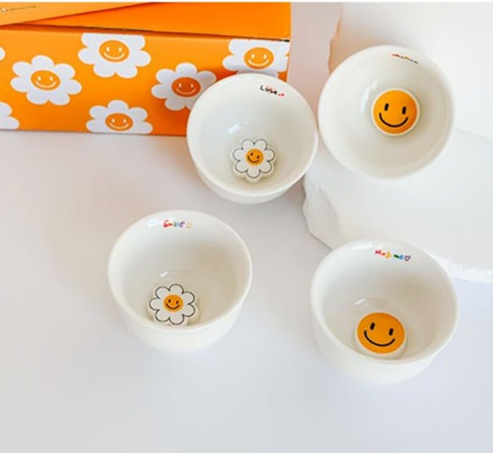 Cute happy smile flower smile Soju Cup set, Handcrafted Ceramic 4P for Whiskey,Tequila, and Sake