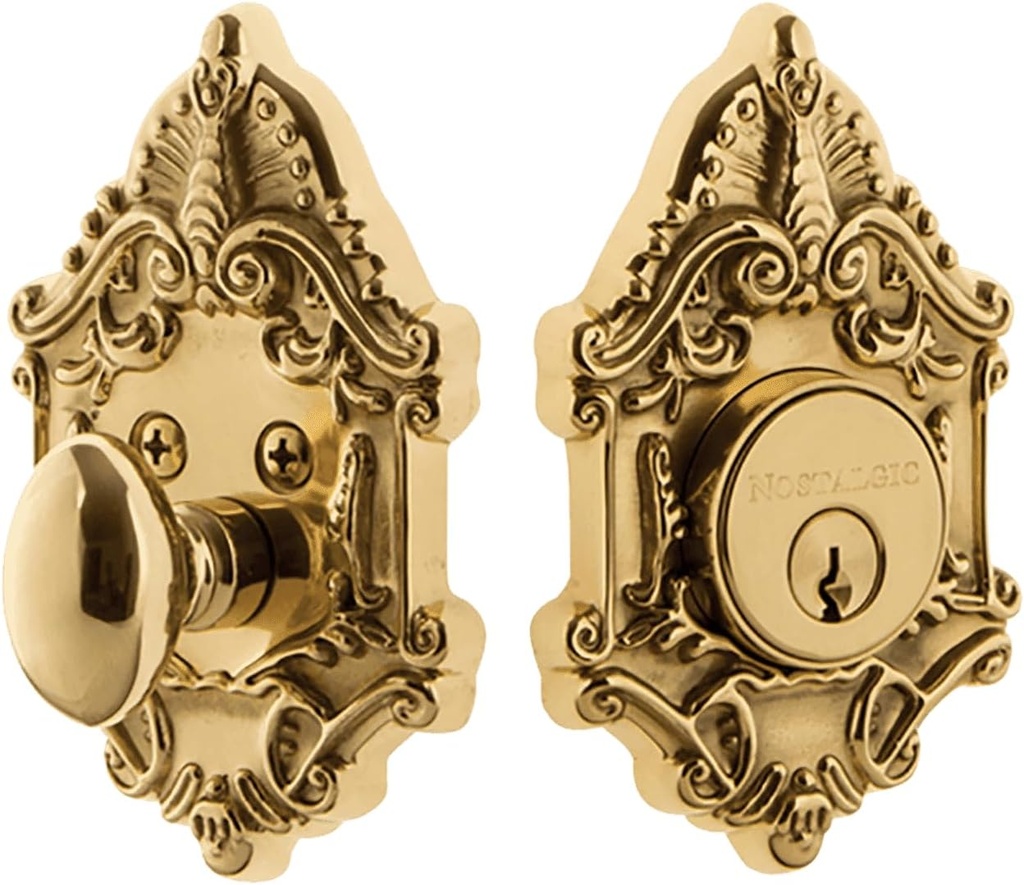 Nostalgic Warehouse 726054 Victorian Plate Single Cylinder Deadbolt Victorian Door Knob in Polished Brass,