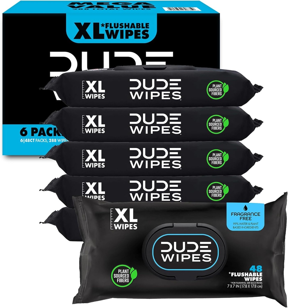 Dude Wipes - Flushable Wipes Unscented - (6 Pack) 288 Count - Extra Large - Flushable - Vitamin-E & Aloe - Septic and Sewer Safe