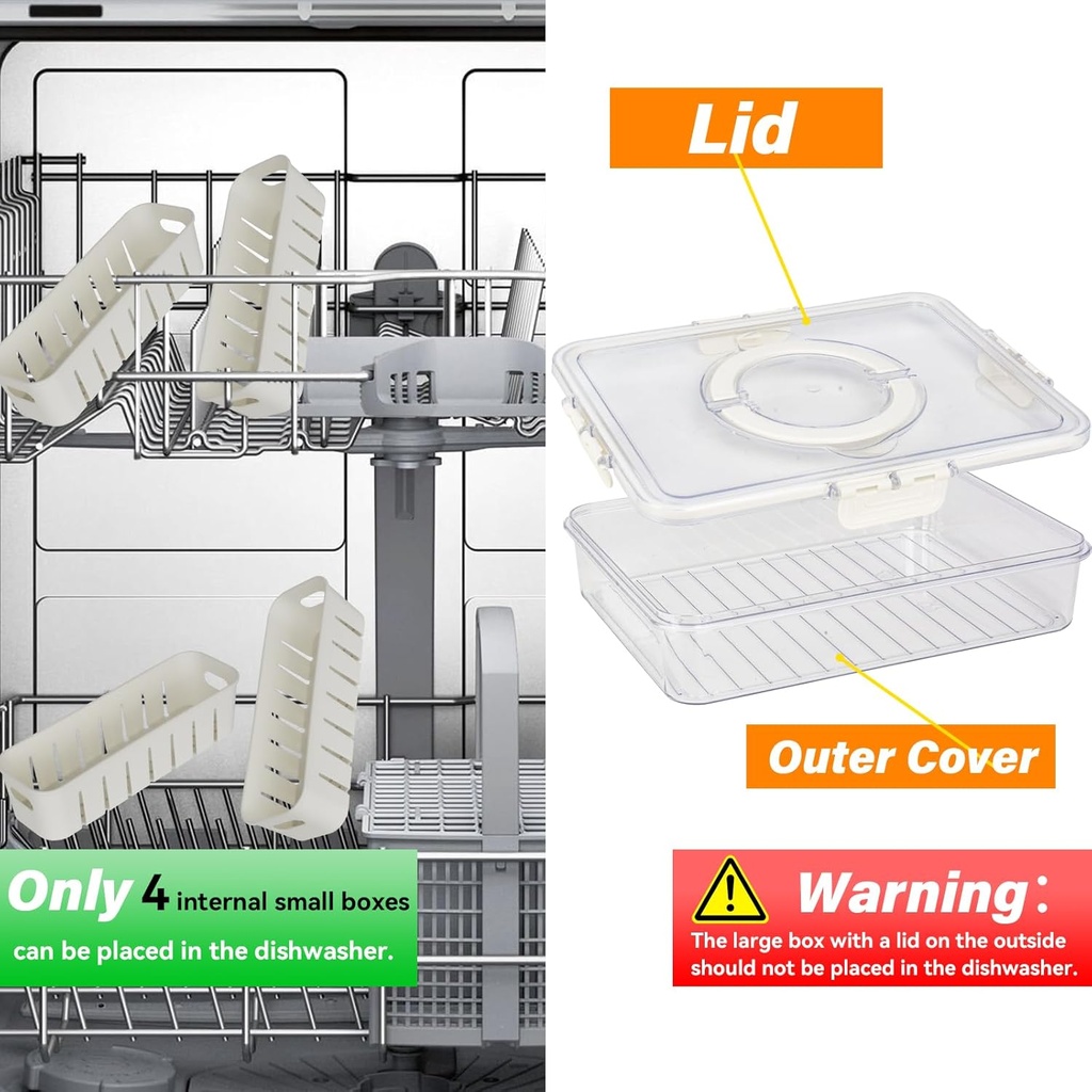 2 Pcs Portable Picnic Parties Fruit Tray, Fridge Food Veggie Condiment Divided Serving Preservation Storage Containers, Kitchen Clear Snackle Box Candy Organizer with Lid Handle