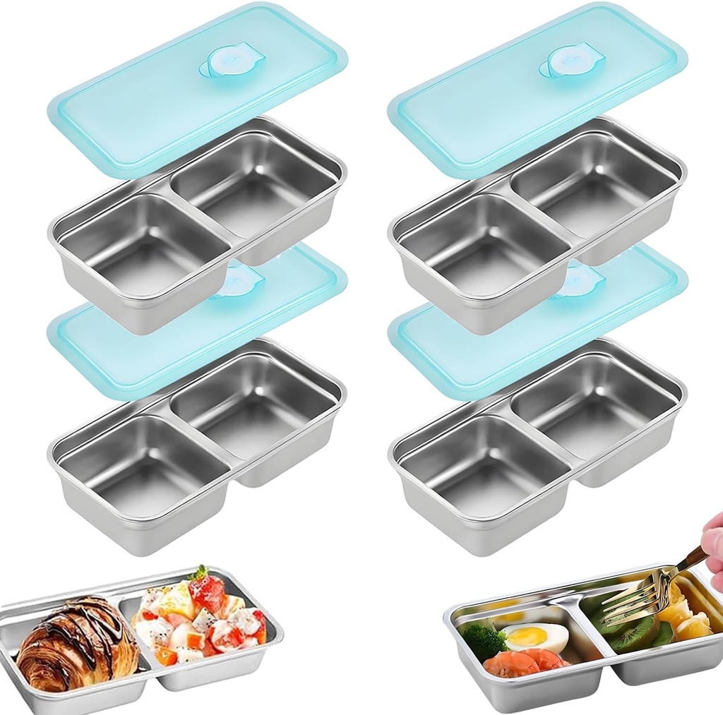 4PCS Grab and Go Snack Containers Stainless Steel Double Compartment Snack Containers, Dishwasher- Reusable Condiment Container with Lids, Snacks Dips Takeout Travel and Outdoor Camping
