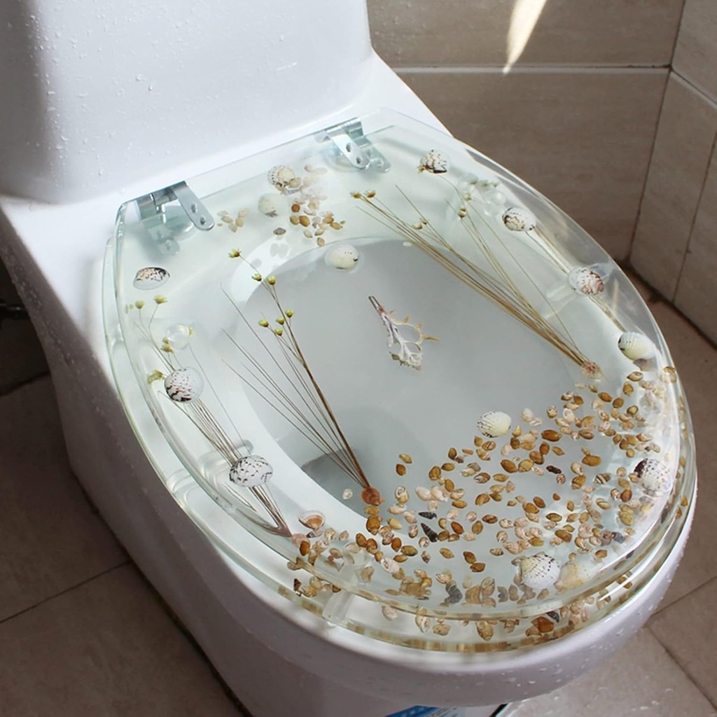 Resin Toilet Seat, Round Soft Close Quick Release 3D Effects Heavy Duty Toilet Seats with Blue Fish Seashells Cover, Acrylic Seats Ocean Series 17 Inch
