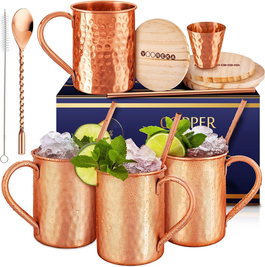 Gift Set Moscow Mule Mugs Set Of 4 16 oz Solid Cooper, 100% Pure Copper Cups Cylindrical Shape HANDCRAFTED, BONUS 4 Straws, 4 Wood Coasters, Stirring Spoon, And Shot Glass (Square)