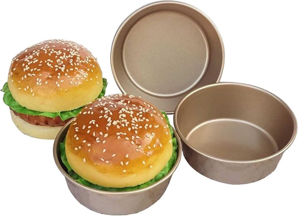 4 Inch Nonstick Hamburger Bun Mold, 4 Pcs Mini Cake Pans for Baking, Carbon Steel Reusable Small Air Fryer Cake Baking Mold Bakeware for Hamburger,Kugelhopf,Jumbo Muffin,Mini Pie - Gold