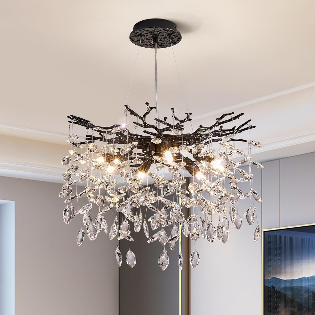 Modern Tree Branch Crystal Chandelier Luxury Black Crystal Pendant Lighting 18" Contemporary 6-Light Chandeliers for Dining Room Kitchen Bedroom Living Room