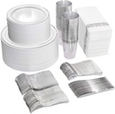 I00000 700 Piece Silver Dinnerware Set for 100 Guests-100 Dinner Plates, 100 Dessert Plates, 100 Disposable Cups 10 oz, 100 Paper Napkins, 100 Plastic Silverware Set Perfect for Party & Wedding