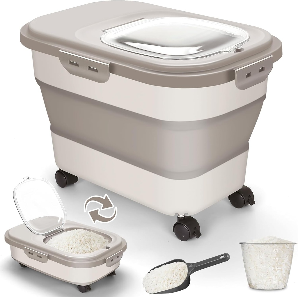 Rice Storage Container, 20Lbs Airtight Flour Container Rice Dispenser, Large Pet Dog Cat Food Storage Bin with Rolling Wheels, Scoop & Measuring Cup, Collapsible Kitchen Cereal Dry Food Holder