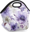 Neoprene Lunch Bags Floral Purple Insulated Lunch Box Women Lunch Tote Bag Reusable Lunch Container Box Meal Prep Bags Washable Food Handbags for Work Picnic Travel