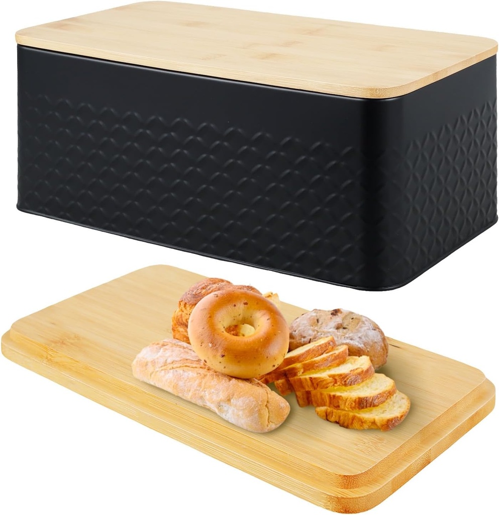 Bread Box with Bamboo Lid Metal Bread Bin Breathable Bread Storage Container with Hole Bread Holder Large Capacity Bread Keeper for Kitchen Countertop 13×7×5.3 Inch (Black)