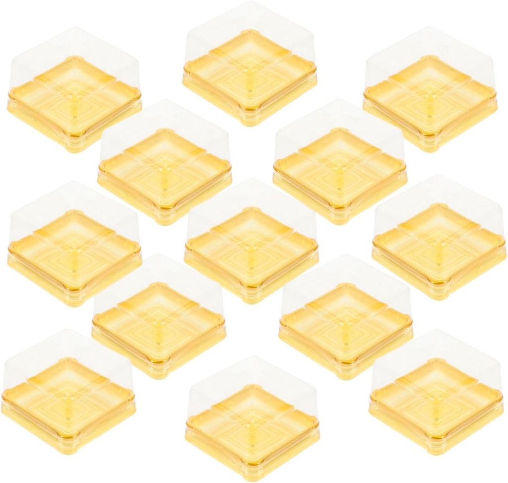 BESTonZON 50PCS Plastic Moon Cake Box, Small Golden Square Cupcake Containers for Yolk Puff, Storage Packaging for Desserts, Mini Cake Box, Muffin Box, Mung Bean Cake Snow Mei Niang Box