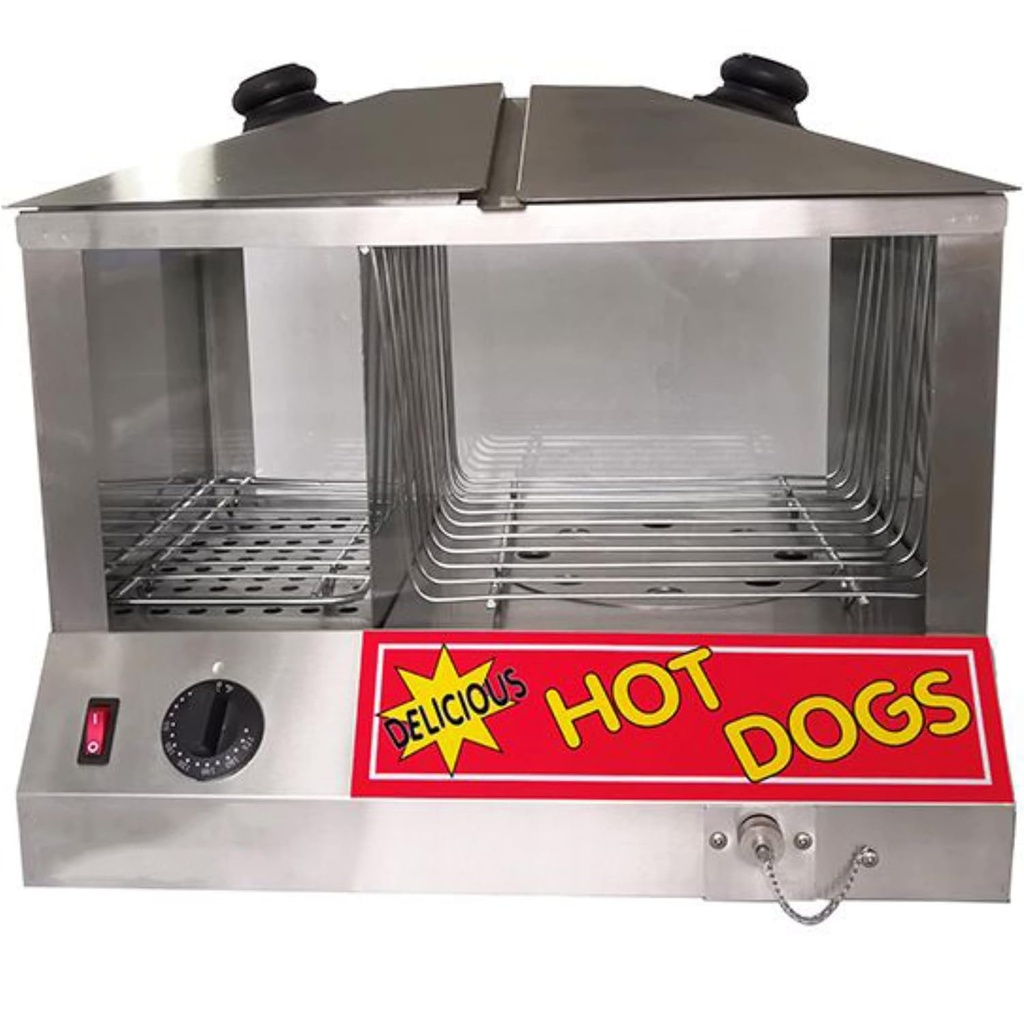FSE HDS-1300W/100 Hot Dog Steamer and Bun Warmer with 100 Hot Dogs and 48 Buns Capacity, Top Loading, 18”W x 14.25”D x 16”H, Silver/Red