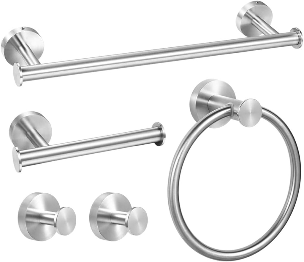 5 Pieces Bathroom Hardware Set Brushed Nickel, SUS304 Stainless Steel Towel Holder Set Includes 16 inch Bath Towel Bar Toilet Paper Holder 2 Robe Towel Hooks Towel Ring, Bathroom Accessories Set