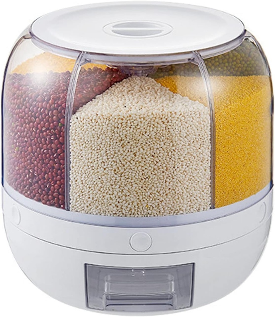 Grain Dispenser Rice and Grain Storage Container 360° Rotating Food Dispenser Grain Storage Cylinder with Lid Water Resistant Household 6 Compartment Rotating Rice Dispenser Storage Container(S)