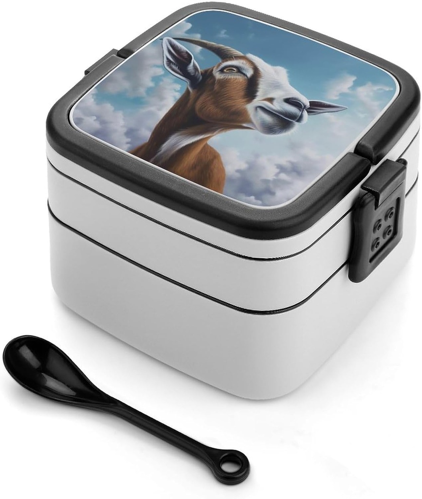 Blue Goat Print Bento Box Double-Layer Bento Lunch Container with Spoon And Invisible Handle Adult Leak-Proof Lunchbox for Dining Out Work Picnics Travel