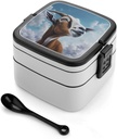 Blue Goat Print Bento Box Double-Layer Bento Lunch Container with Spoon And Invisible Handle Adult Leak-Proof Lunchbox for Dining Out Work Picnics Travel