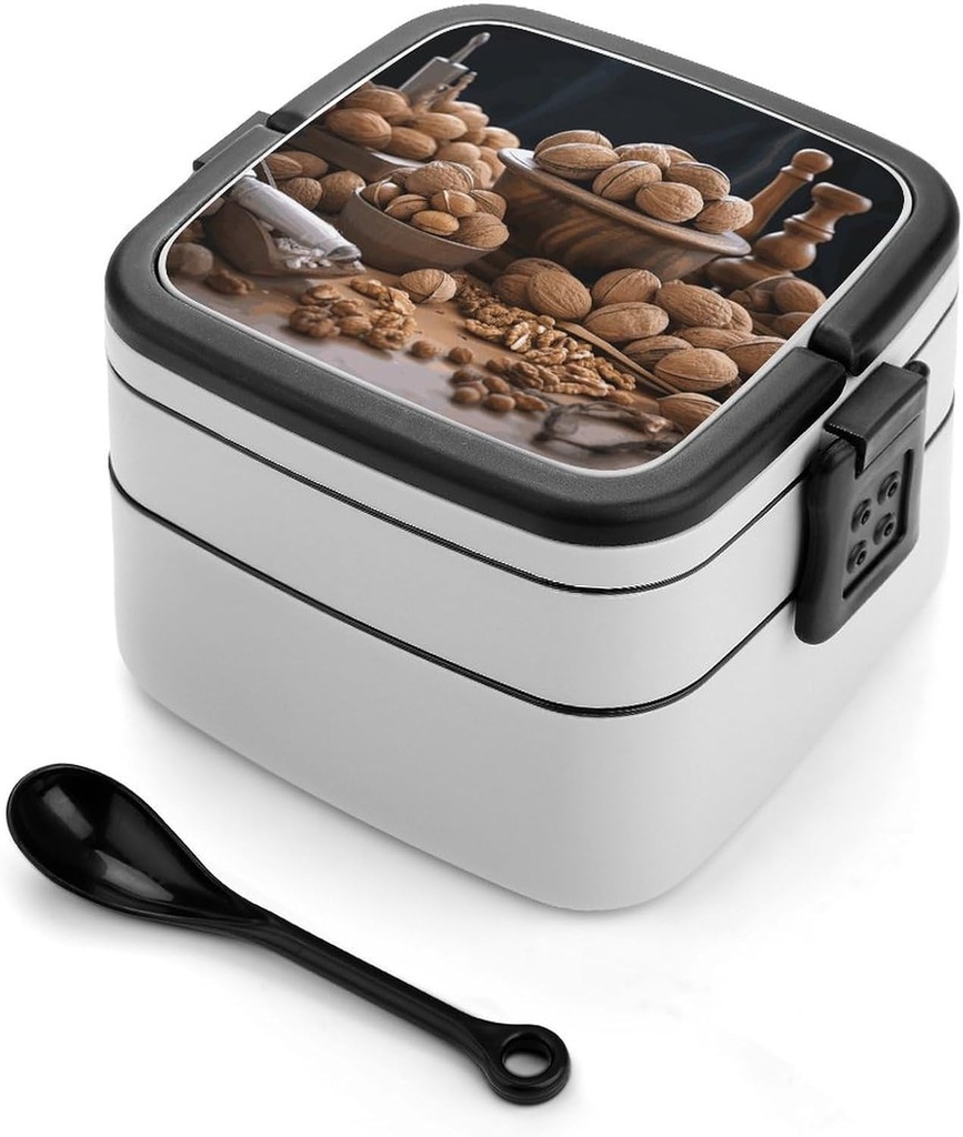 Walnut Nuts Bento Box with Spoon, 2-layer Stackable Lunch Box Leak Proof with Invisible Handle, Insulated Food Storage for Office, Picnic & Travel
