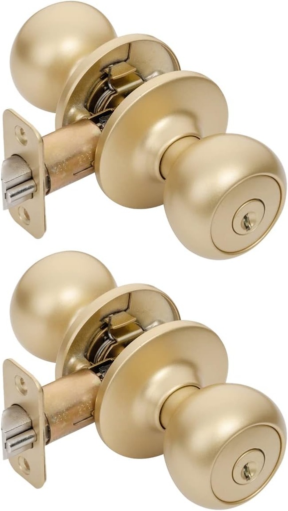 Designers Impressions Bedford Design Satin Brass Round Entry Door Knob, 2 Pack - Keyed Alike