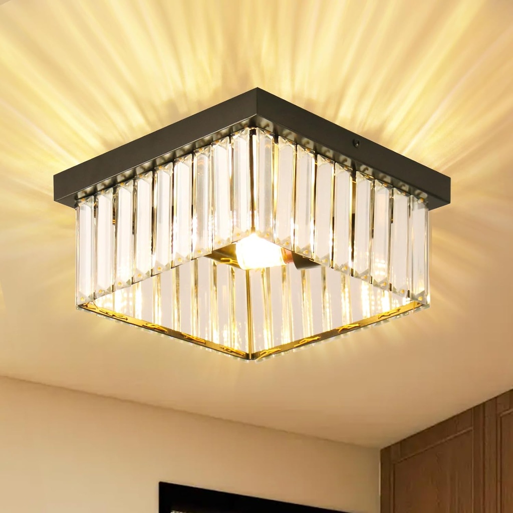 9.8" Chandelies Crystal Ceiling Light Fixture Flush Mount Ceiling Lamp E26 Square Modern Crystal Chandelier for Living Room Hallway Dining Room Bedroom Kitchen（Black）
