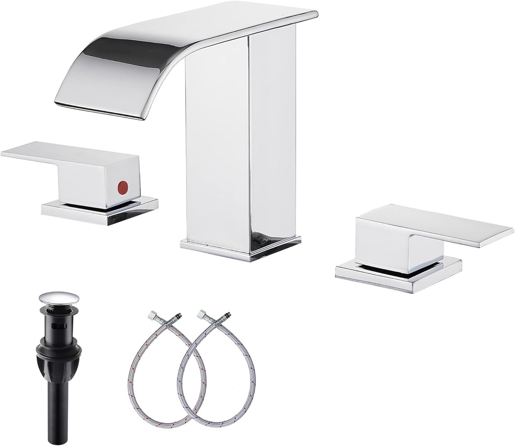 Waterfall Widespread Bathroom Faucet Chrome GGStudy 3 Holes 2 Handle Modern Bathroom Sink Faucet with Pop Up Drain