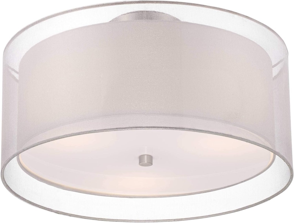 Possini Euro Design Modern Close to Ceiling Light Flush Mount Fixture Polished Nickel 18" Wide White Silver Organza Double Drum Shade for House Bedroom Hallway Living Room Bathroom Dining Kitchen