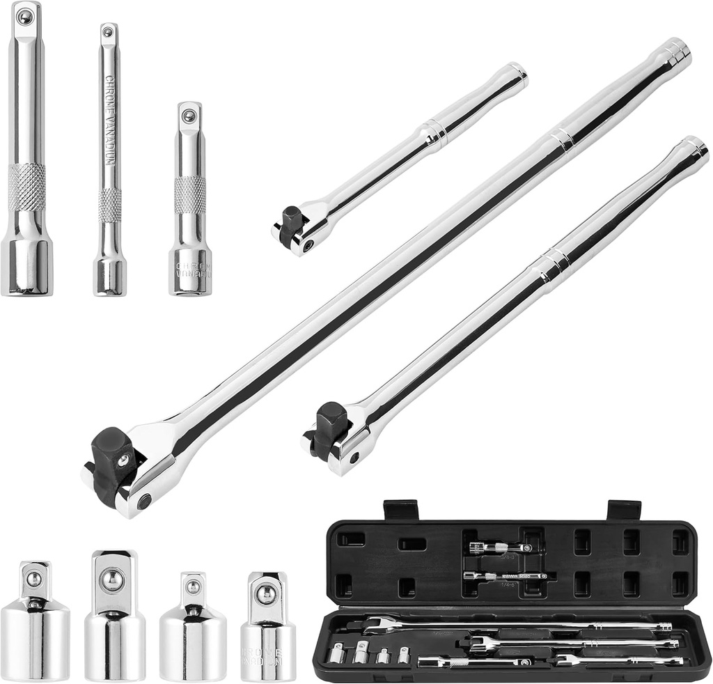 10 Piece Breaker Bar Set, 3/8" , 1/2" and 1/4" Drive, 180° Rotatable Head, 6'', 10'', 15'' Length, 3 Extension Bars, Organizer Case