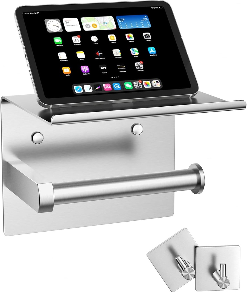 Tindbea Mega Size Toilet Paper Holder with Shelf + Towel Robe Hooks, Adhesive or Screw Wall Mounted Toilet Paper Roll Holder, Stainless Steel Bathroom Hardware Set (Brushed Nickel)