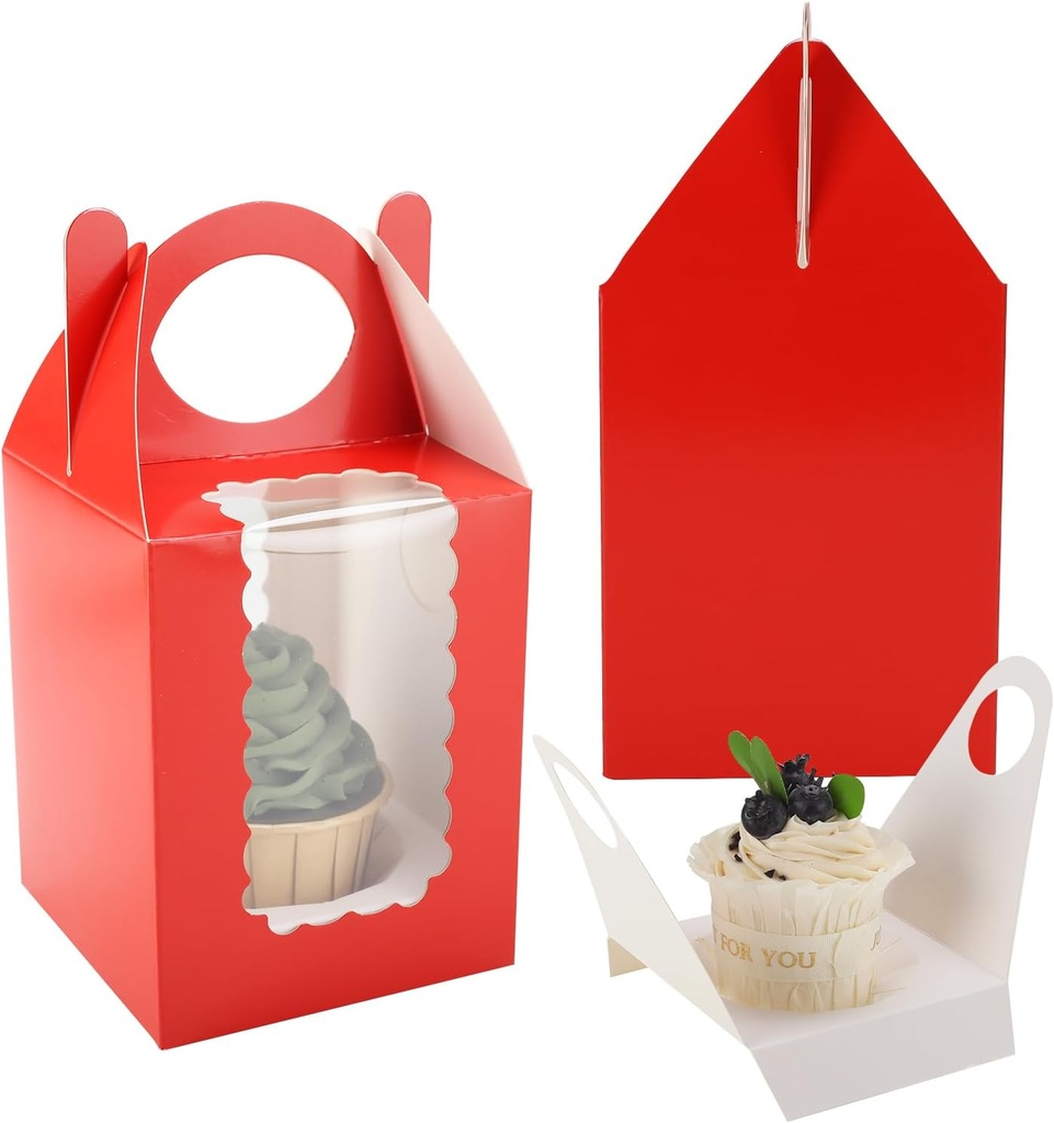 25 Pack Cupcake Boxes with Window, 4x4x5 Inch Individual Food Grade Containers, Stackable Deep Carrier with Inserts for Cupcakes, Cocoa Bombs and Pastries (Red)