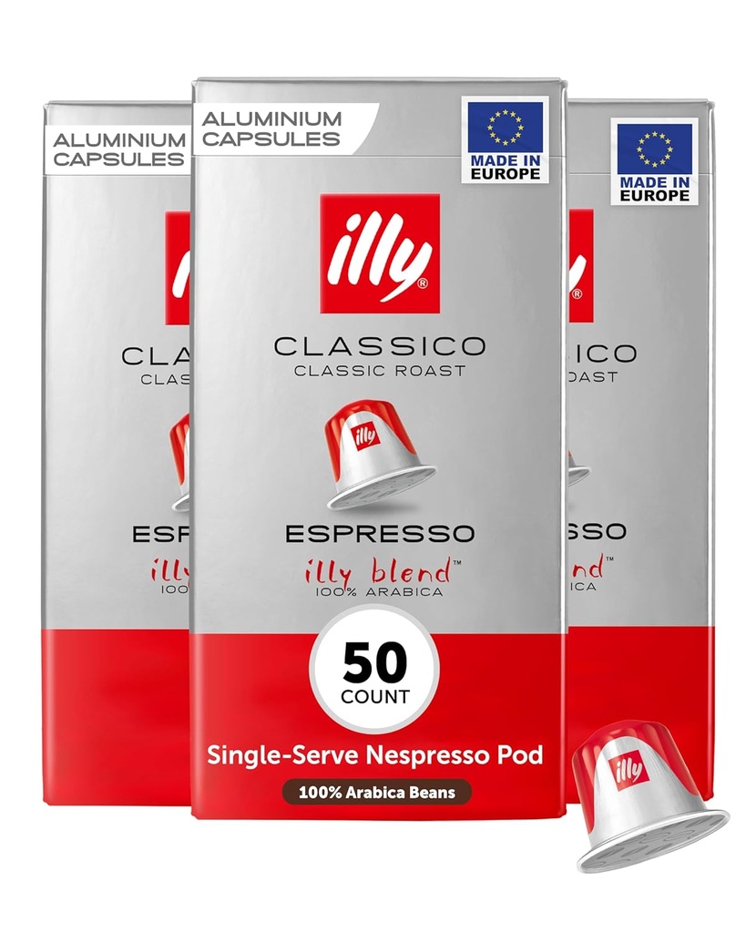 illy Aluminum Espresso Capsules - Compatible with Nespresso Machines - Classico Medium Roast Coffee- Mild&Balanced-Notes of Caramel,Orange Blossom&Jasmine Single Serve Capsules - 10 Count (Pack of 5)