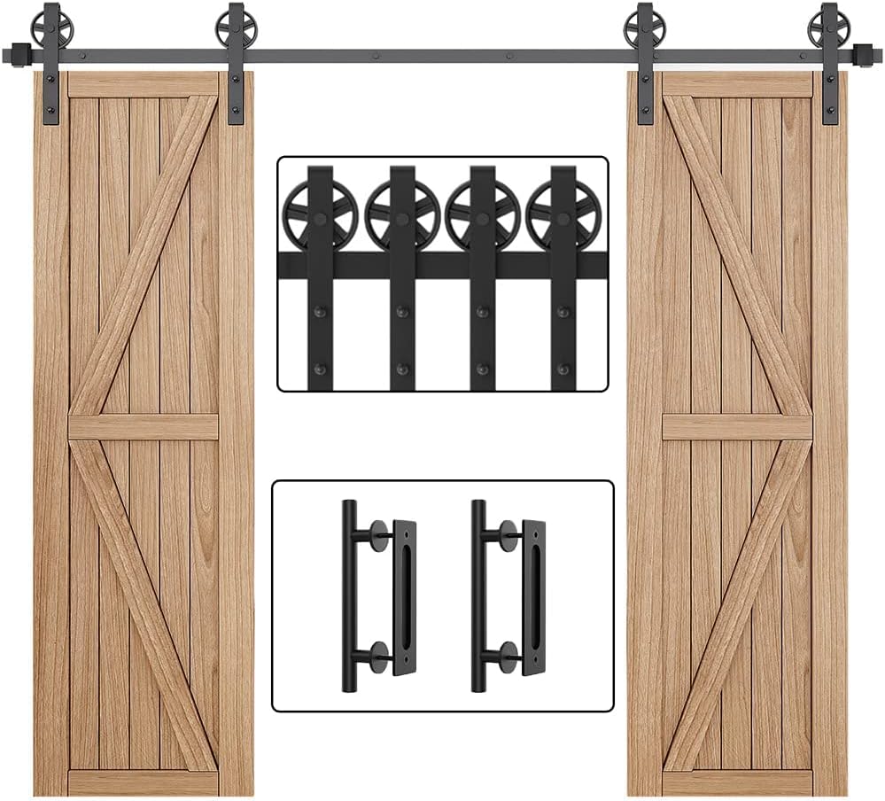 WINSOON 13FT Wood Double Sliding Barn Door Hardware Basic Black Big Spoke Wheel Roller Kit with 2PCS 12 Inch Sliding Barn Door Handles Black Hardware with Pull and Flush Barn Door Handle Set