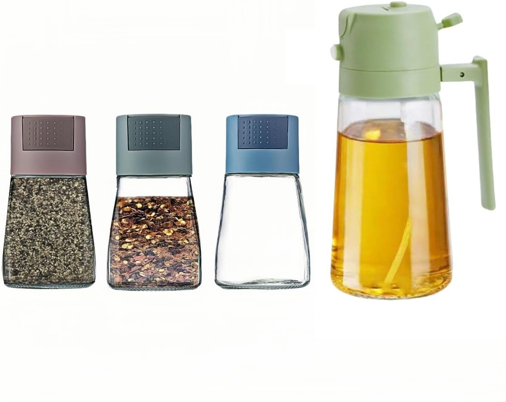 Set of 4 Olive Oil Sprayer & Glass Spice Jars for Cooking, 2 in 1 Olive Oil Dispenser for Kitchen Gadgets, Air Fryer, Salad, and BBQ, Sugar and Salt Container for Kitchen Counter (4)