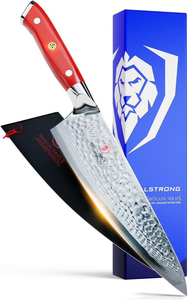 Dalstrong Chef Knife - 8 inch Blade - Shogun Series - Japanese AUS-10V Super Steel Kitchen Knife - Crimson Red Handle ABS - Damascus - Razor Sharp Knife - Professional Full Tang Knives - Sheath
