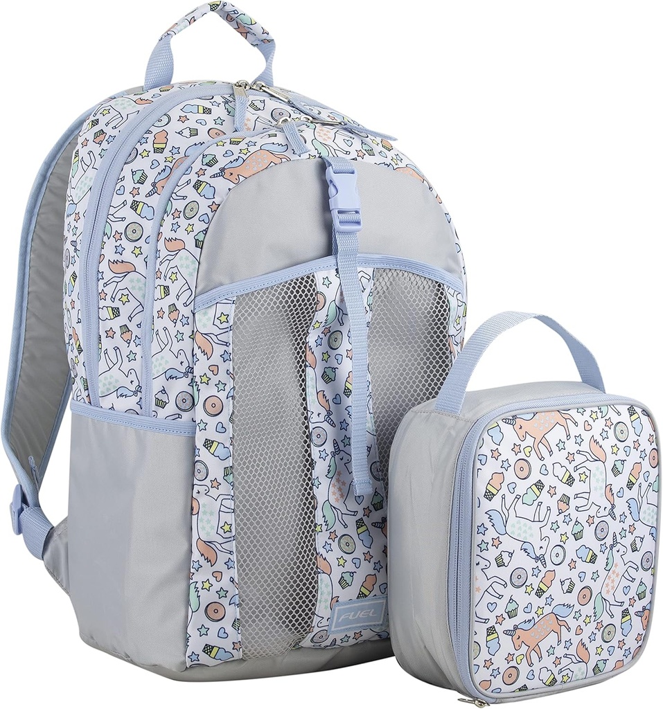 FUEL Lunch Backpack Set Teens Student Water Resistant Bookbag Bag Soft Reusable Insulated Cooler Lunch Box Thermal Travel Office Lunch Bag, Light Blue Magic Donuts