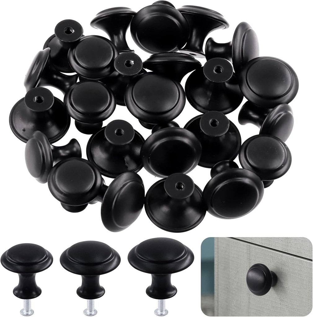 30 Pack Matte Stainless Steel Black Round Kitchen Cabinet Knobs Kit, Including 0.9 Inch Drawer Knobs Dresser Knobs with Screws, Drawer Pulls Door Knobs Handles Knobs for Dresser Drawers
