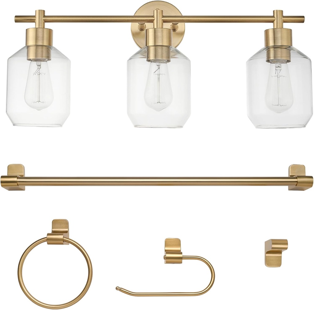 Globe Electric 51638 3-Light Vanity All-in-One Bathroom Set, 5 Piece Gold Finish