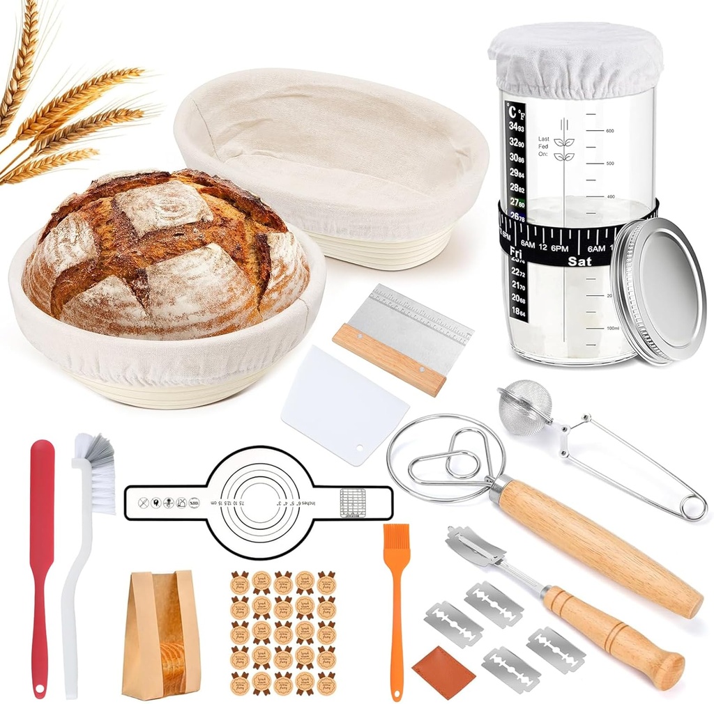 Bread Sourdough Banneton Starter Kit: GEEKHOM 12-Piece Proofing Set with 2 Rattan Baskets (9 inches Round/10 inches Oval), 650ml Jar – Great for Novices
