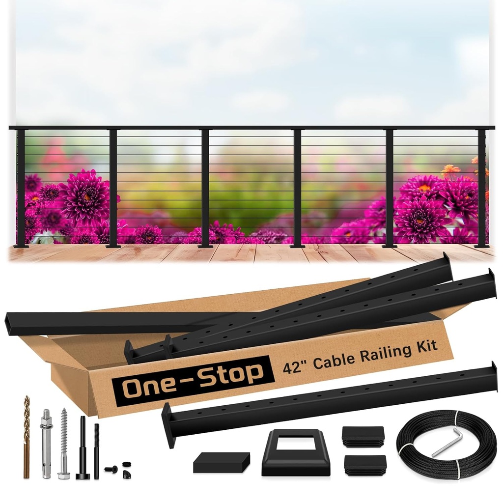 16ft-20ft Complete Set 42" Deck Cable Railing System with Handrail Adjustable, T304 Stainless Steel Black Level Drilled Cable Railing Posts Kit with 1/8" Cable Railing Hardware for Outdoors