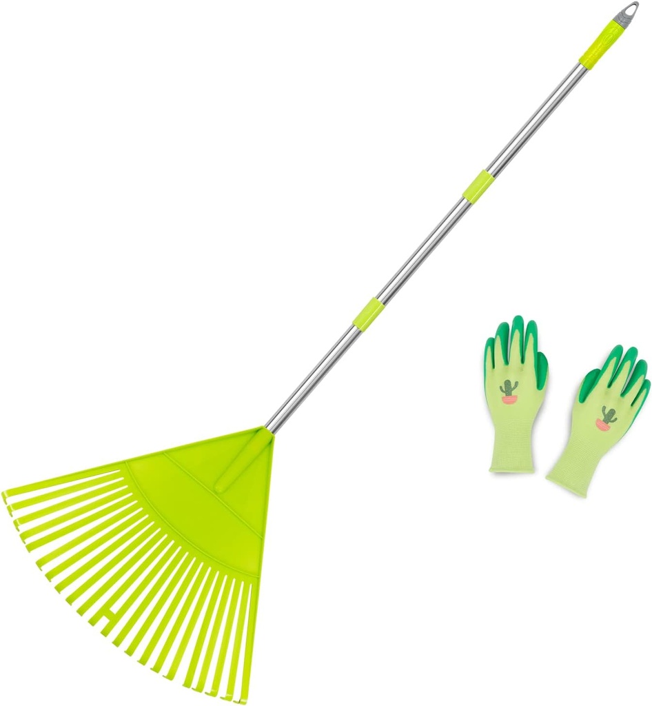 Colwelt Plastic Leaf Rake with 56'' Lightweight Stainless Steel Handle, 22Tines Plastic Head & Garden Gloves for Collecting Loose Debris