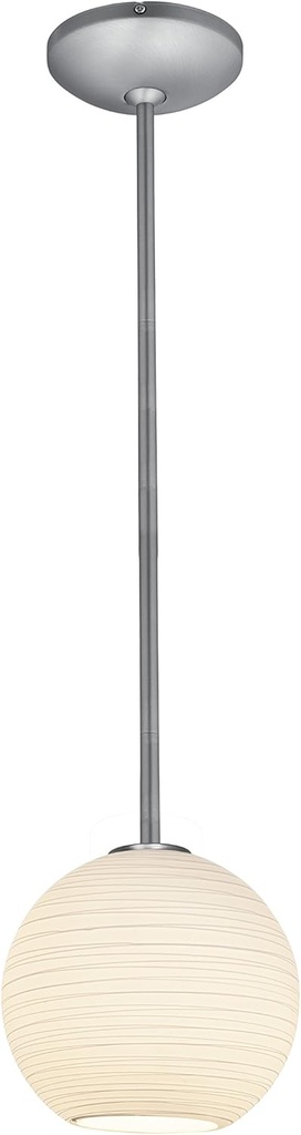 Japanese Lantern Glass Pendant - 1-Light 8"dia Pendant - Rods - Brushed Steel Finish - White Lined Glass Shade