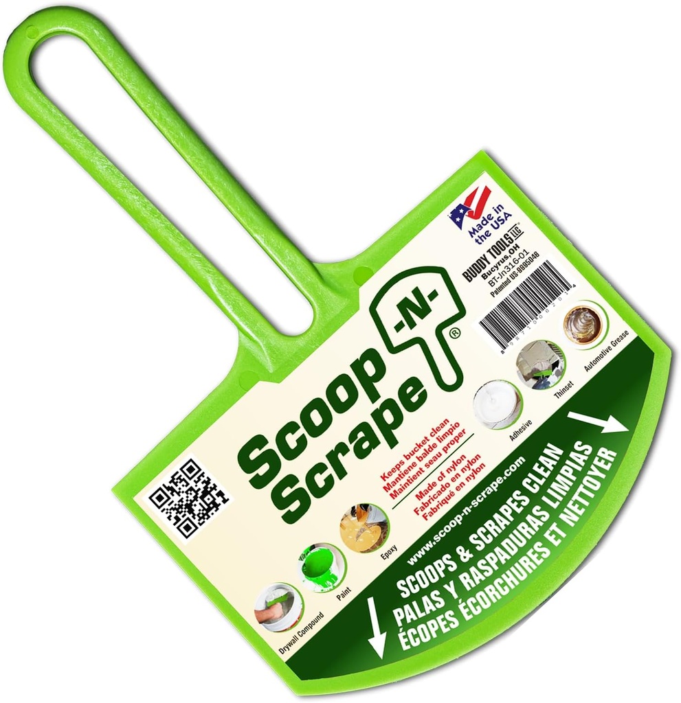 Buddy Tools Scoop-N-Scrape - Efficient Bucket Scoop for 5-Gallon - Lightweight and Durable Curved Bucket Trowel - Made with Heavy-Duty Nylon - Scrapes Clean, No More Shavings