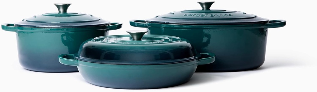 Larder & Vine 6-Piece Enameled Cast Iron Pan Cookware Sets, Includes 8 Quart and 5.7 Quart Dutch Oven with Lids, Braiser/Crock Pot with Lid (Bondi)