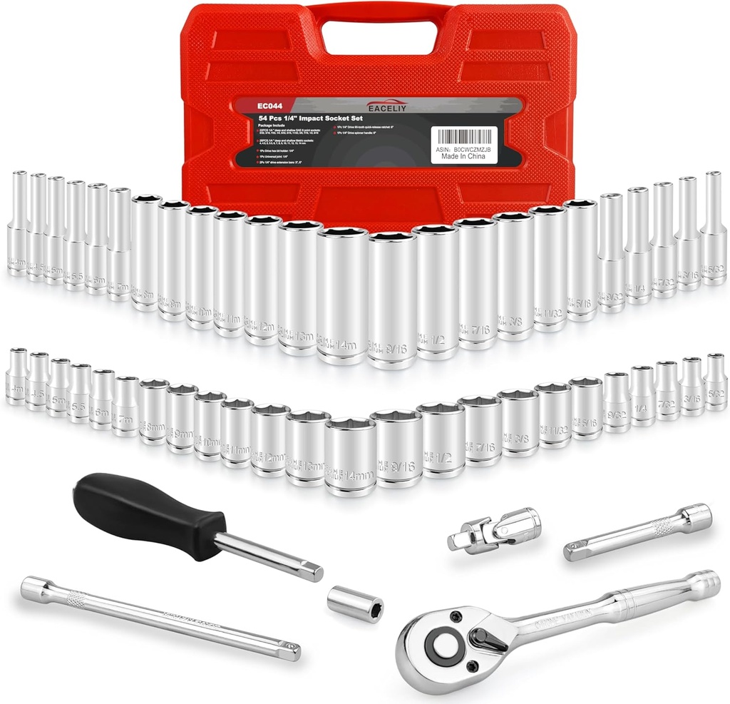 54pcs 1/4" Socket Set,Drive Impact Socket Set, SAE/Metric, Deep & Shallow with Universal Joint,Extension Bars,Hex Bit Holder, Spinner Handle,Ratchet,Cr-V Steel，6 Point，4-14mm，5/32-9/16 inch