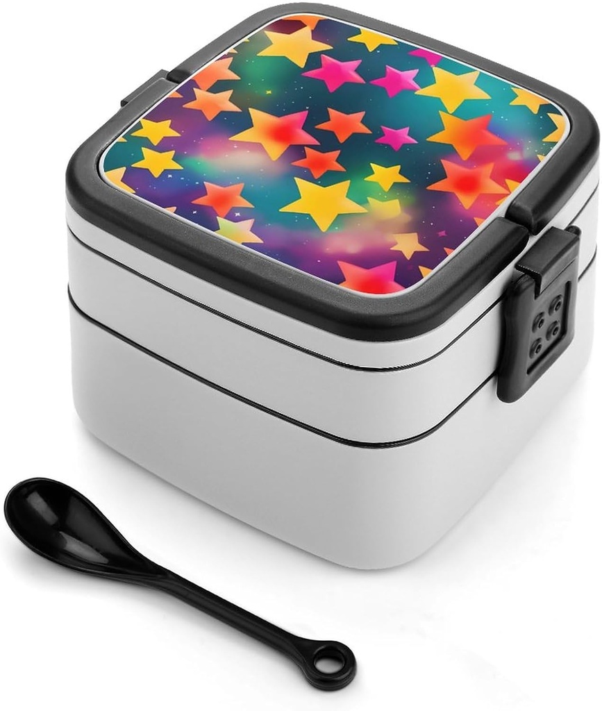 Colorful Rainbow Stars Bento Box Double-Layer Bento Lunch Container with Spoon And Invisible Handle Adult Leak-Proof Lunchbox for Dining Out Work Picnics Travel